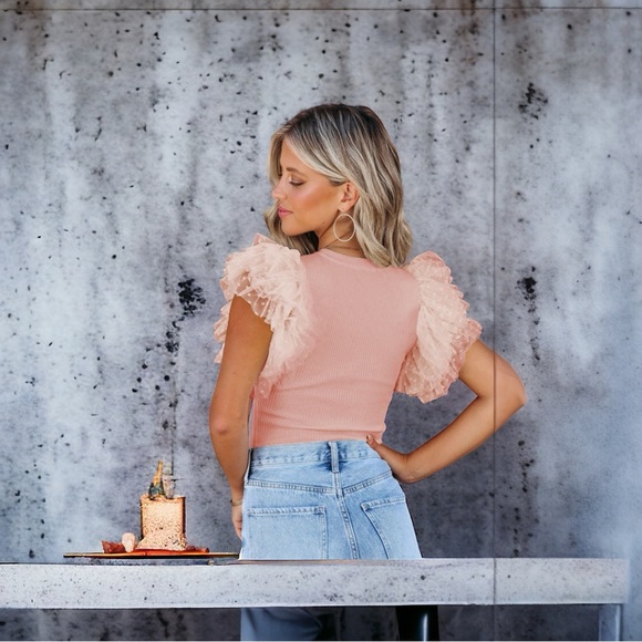 Pink Dotty Mesh Ruffle Sleeve Ribbed Knit Top - Picture 2 of 4